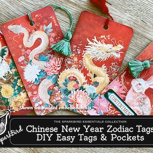 Ano da Serpente, Ano Novo Lunar Chinês, Etiquetas para todos os animais do zodíaco, diário de papel dobrado fácil de fazer ou etiquetas para presentes e bolsos.