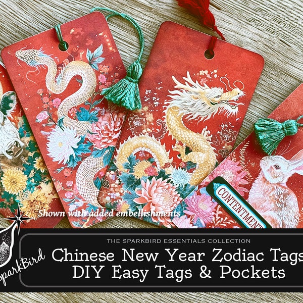 Year of the Dragon Chinese Lunar New Year All Zodiac Animal Tags, Easy DIY folded paper journal or gift tags and pockets.