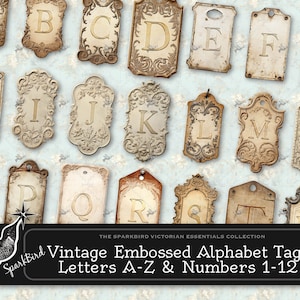 Letras del alfabeto A-Z y etiquetas y rótulos de números 1-12 en diseños vintage grabados para revistas basura, collages y tarjetas.