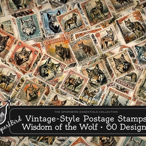 Sellos postales imprimibles estilo vintage, Wolf Wisdom 60 diseños de lobos para embellecer sus diarios basura, tarjetas de notas y páginas de álbumes de recortes DIY