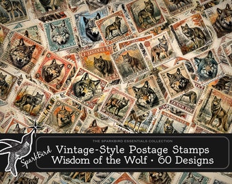 Timbres-poste imprimables de style vintage, Wolf Wisdom 60 Designs of Wolves pour embellir vos journaux indésirables, cartes de notes et pages de scrapbooking DIY