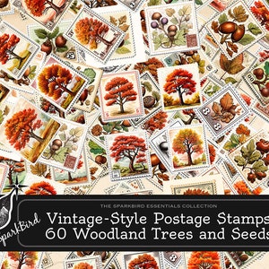 Timbres-poste imprimables de style vintage, 60 modèles d'arbres et de graines dans la gloire d'automne pour embellir vos journaux, cartes et pages de scrapbooking