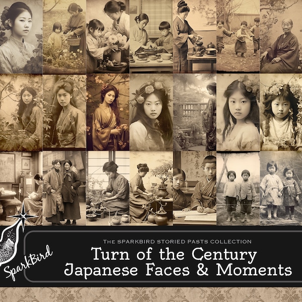 Vintage Photos of Japanese people including Women and Children. Great aged sepia ephemera designed for junk journals & crafting