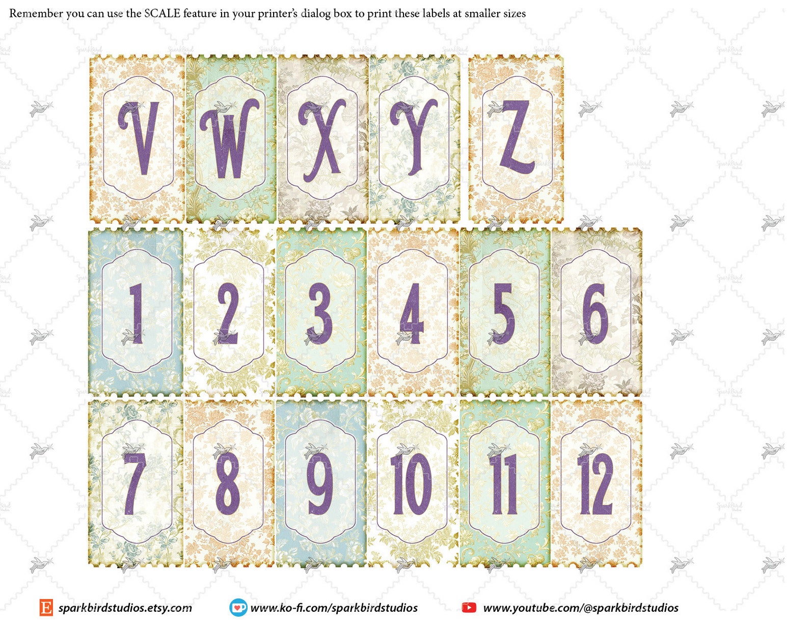 Fancy Alphabet Ticket or Label Set, Letters A-Z and Numbers 1-12 Adged ...