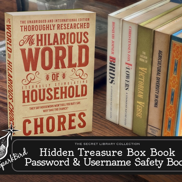 Treasure Box Books. Easy DIY fake book to keep your passwords & information safe. Hilarious World of Household Chores Funny Book Cover Gift