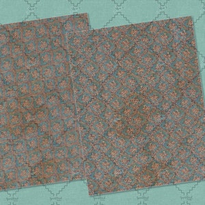 May include: Two digital paper sheets with a blue and gold damask pattern. The pattern is intricate and detailed, with a subtle shimmer.