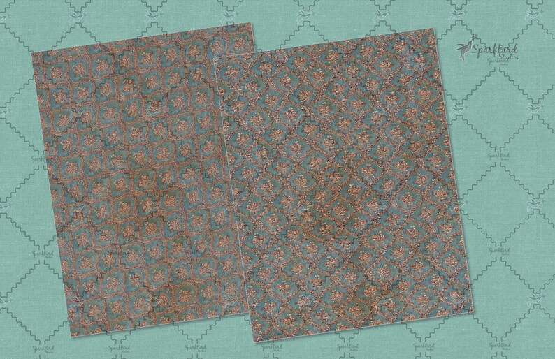 May include: Two digital paper sheets with a blue and gold damask pattern. The pattern is intricate and detailed, with a subtle shimmer.