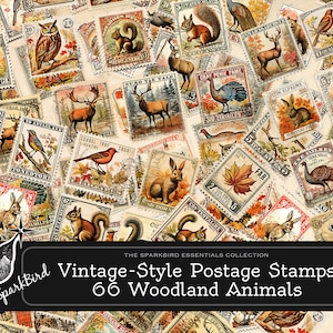 Sellos postales imprimibles de estilo vintage, 66 diseños de animales del bosque para embellecer sus diarios basura, tarjetas de notas y páginas de álbumes de recortes DIY