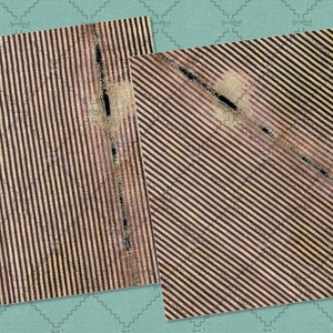 May include: Two pieces of fabric with a striped pattern. One piece has vertical stripes and the other has diagonal stripes. Both pieces have a distressed look with rips and tears.