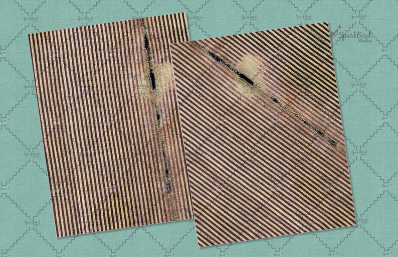 May include: Two pieces of fabric with a striped pattern. One piece has vertical stripes and the other has diagonal stripes. Both pieces have a distressed look with rips and tears.