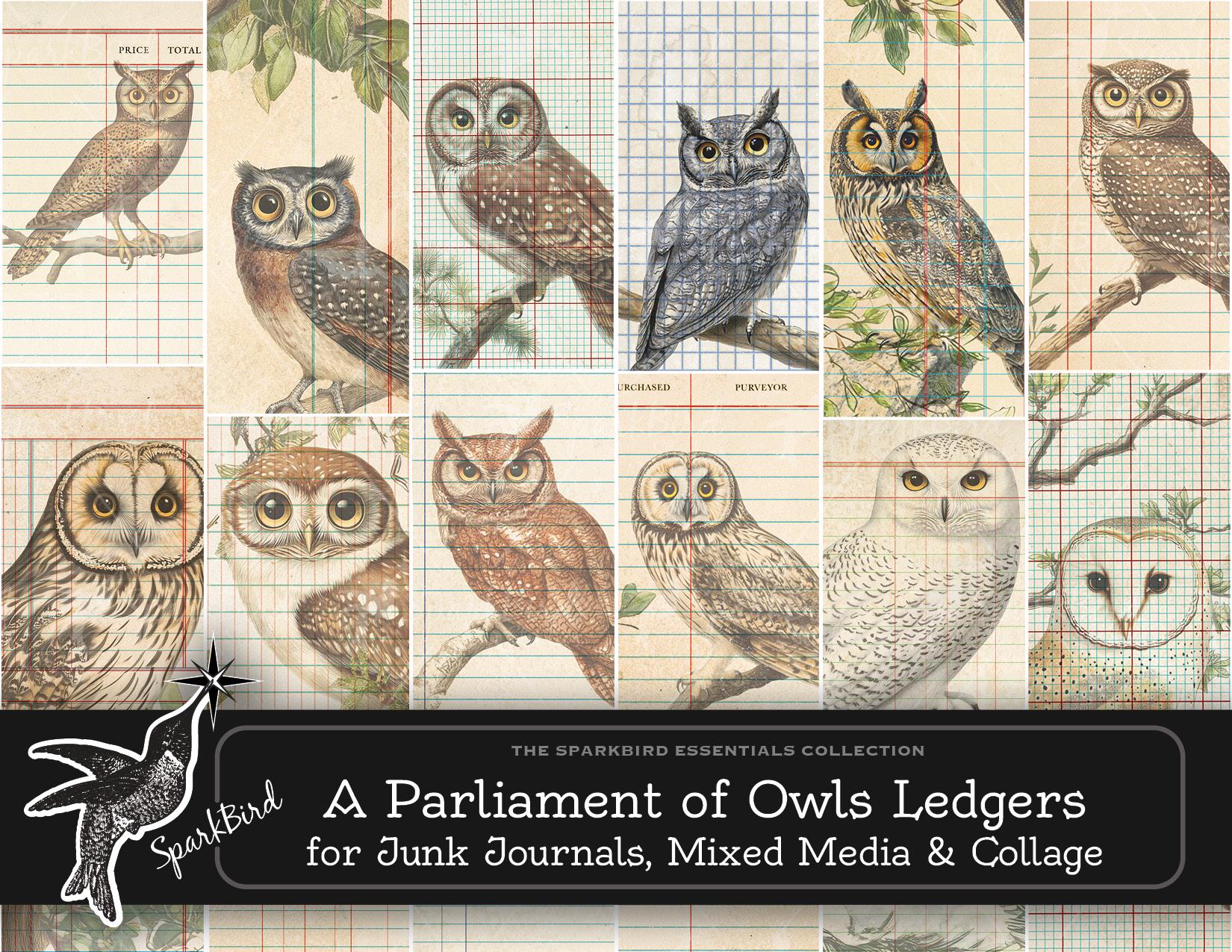 Owl Forest Ledger Pages & Vintage Graph Paper, Woodland Junk Journal Supplies, Digital Scrapbook Printables | Nature Ephemera,