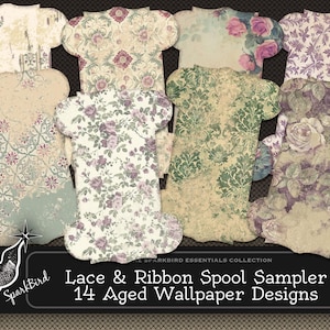 Papel de parede envelhecido estilo vintage carretel de renda e cartões ou etiquetas de suporte de fita. Complemento de lixo eletrônico de um ou dois lados, enfeite DIY para impressão instantânea