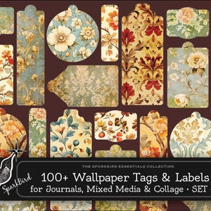 Behangpapier bloemen en damast 100+ vintage stijllabels en -tags, efemere rommeltijdschriften, gemengde techniek, collageprojecten, versieringen
