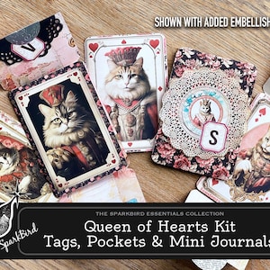 Étiquettes, pochettes et mini journal pour la Saint-Valentin. Kitty Kitty Queen of Hearts polyvalent idéal pour un cadeau rapide pour les amoureux des chats et les projets de bricolage pour débutants