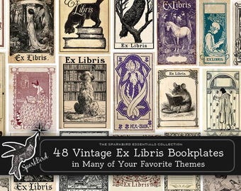 May include: A collection of 48 vintage Ex Libris bookplates featuring diverse illustrations including a cat on books, an owl, a unicorn, a dog, a mouse reading, and floral motifs, with the text 48 Vintage Ex Libris Bookplates in Many of Your Favorite Themes.