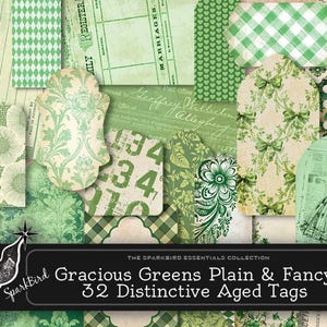 Etiquetas y rótulos verdes preciosos, efímeras digitales imprimibles, 32 patrones antiguos y diseños vintage únicos, descarga instantánea para el Día de San Patricio