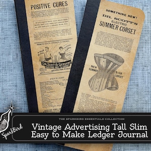 Großes schmales Ledger-Buch mit frühen Werbe-Covern, schnellem, einfachem DIY-Projekt, Vintage-Stil und gealtertem Grungy-Vibe