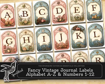 Alphabet Letters and Number Labels for Junk Journals, Collage and Cardmaking. Fancy vintage colored pencil style A-Z and 1-12