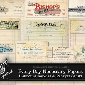 Könnte beinhalten: Eine Sammlung von druckbaren Papieren im Vintage-Stil mit verschiedenen Firmenlogos und Kopfzeilen. Die Papiere sind für die Verwendung als Rechnungen und Quittungen konzipiert. Die Papiere verfügen über eine Vielzahl von Schriftarten und dekorativen Elementen, darunter florale Motive und verzierte Rahmen. Die Papiere sind in einem abgenutzten, gealterten Stil gehalten, der ihnen ein Vintage-Look and Feel verleiht. Die Papiere sind perfekt, um Ihren Geschäftsdokumenten einen Hauch von Vintage-Charme zu verleihen.