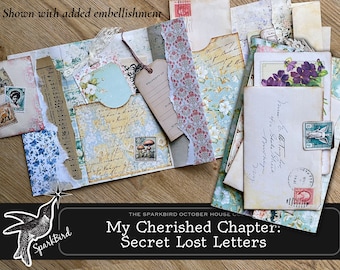 May include: A collection of vintage envelopes, papers, and ephemera with floral patterns and handwritten text. The items are arranged on a wooden surface and include a tag that says "Property of". The text "My Cherished Chapter: Secret Lost Letters" is displayed at the bottom of the image.