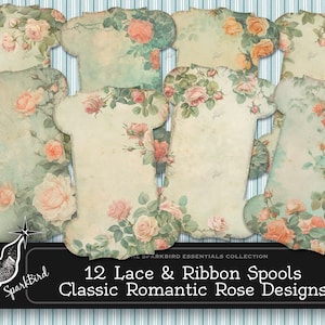 Carretéis de renda de rosas vintage clássicas e cartões ou etiquetas de suporte de fita. 12 designs para suportes de um ou dois lados, Instant Print DIY