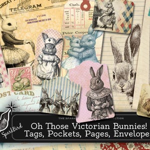 Etichette, tasche, buste, fogli e pagine Victorian Bunny per diari e tecniche miste. Un assortimento di conigli in tutte le forme, dimensioni e stili