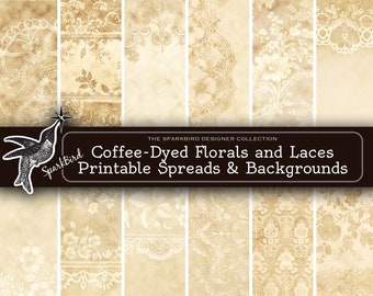 Printable Vintage Tea-Stained, Coffee-Dyed Backgrounds of Floral and Lace perfect for junk journal spreads and ephemera, backgrounds & tags