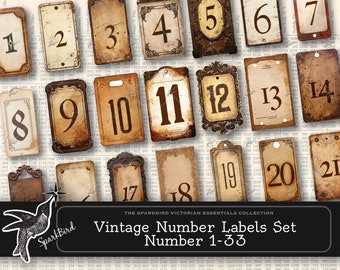 33 Different Unique Vintage Number Tag Label Set, Ephemera for Junk Journals. Large variety of designs with numbers 1 to 33 included