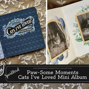 May include: A blue and white mini album with the title "Cats I've Loved" and a decorative border. The album is open to reveal a black and white photo of a cat inside a gold frame.