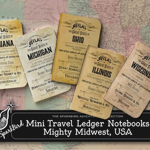 GEMAKKELIJKE snelle doe-het-zelf mini-notebook reisdagboek met vintage kaart atlas van de VS, Indiana, Michigan, Wisconsin, Ohio, Illinois