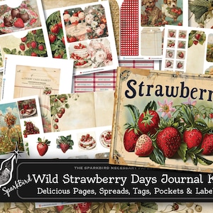 Afdrukbare dagboekset wilde aardbeien, 18 pagina's oude shabby boho Victoriaanse pagina's spreads, zakken, plooitjes, tags, bevestigingslabels