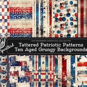 Grungy Patriotic Stars & Stripes druckbare Hintergründe Journal Seiten Spreads, Briefpapier, Karten und Scrapbooking. Rot Weiß und Blau Designs