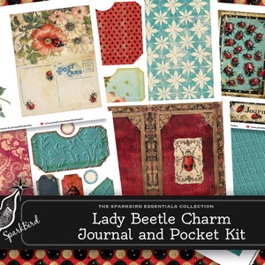 Lady Beetle Charms Kit de pochettes et d'étiquettes shabby chic pour journaux indésirables avec éphémères, projet DIY facile