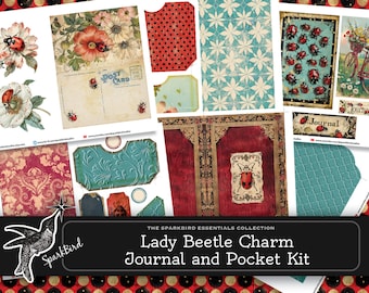 Lady Beetle Charms Shabby Chic Pocket and Tag Foldout Kit för skräpjournaler med Ephemera, enkelt gör-det-själv-projekt