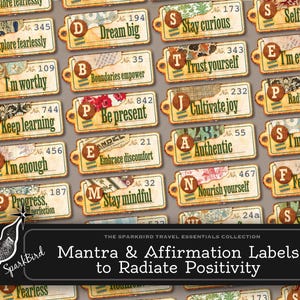 Etiquettes mantras et affirmations positives, étiquettes de journal imprimables style vintage minable et bohème, éphémères pour objectifs