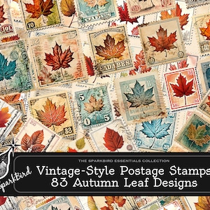 Timbres-poste de style vintage téléchargeables, 83 charmants motifs de feuilles d'automne pour embellir les journaux indésirables, les cartes et les pages de scrapbooking, imprimés DIY
