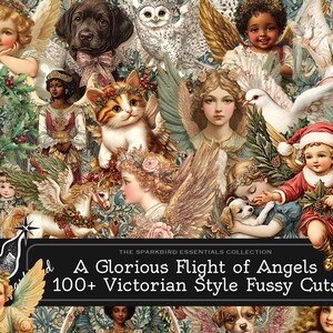 Encantadores ángeles victorianos. Cachorros, gatitos y querubines navideños. Obra de arte recortada ideal para diarios basura, etiquetas de regalo y adornos navideños.