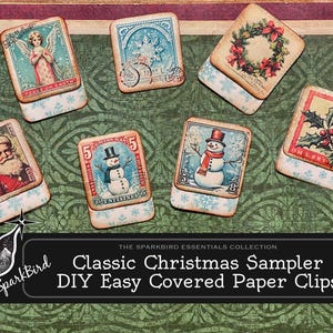 May include: A selection of vintage Christmas-themed paper clips. Each clip showcases a different festive image, such as Santa Claus, snowmen, angels, and holly. The clips are adorned with snowflake designs and the words "Peace on Earth".