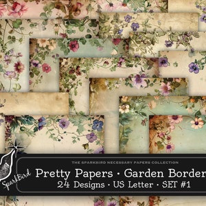 Bonitos bordes florales de papel imprimibles, tamaño carta, rosas vintage envejecidas, violetas y peonías para hermosas páginas de diario y efímeras #1