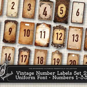 Aged Vintage Number Tag Label Set 2 for Junk Journals, Collage and Ephemera. Single uniform font with different tag designs Numbers 1-33