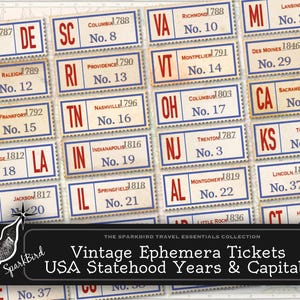 Vintage US Bundesstaatsetiketten, 50 Abkürzungen Bundesstaaten, Hauptstädte, Eigenstaatlichkeitsjahr, bedruckbares Journal Ephemera, amerikanische Geschichte, bildungsdekor