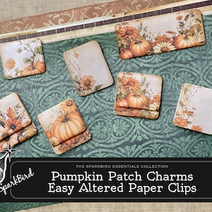 May include: A collection of altered paper clips with a fall theme. The clips feature pumpkin and floral designs in shades of orange, cream, and brown. The background is a green patterned surface. The text on the image reads "Pumpkin Patch Charms Easy Altered Paper Clips."