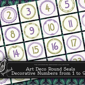 Art Deco nummer- en datumlabels van 1-99 voor nieuwjaarsplanners, ephemera van tijdschriften, tags, collage en scrapbooking