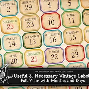 May include: A vintage-style calendar featuring a grid of colorful labels with numbers and months of the year. The labels are in various colors, including red, green, blue, yellow, and purple. The calendar is titled "Useful & Necessary Vintage Labels Full Year with Months and Days".