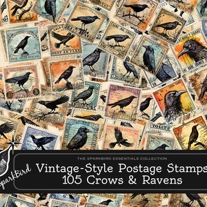 Sellos postales de estilo vintage descargables, 105 cuervos y cuervos inteligentes para embellecer diarios basura, tarjetas y páginas de álbumes de recortes Imprimibles de bricolaje