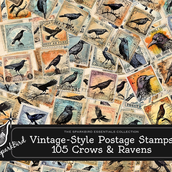 Downloadable Vintage-Style Postage Stamps, 105 Clever Crows & Ravens to embellish Junk Journals, Cards and Scrapbook Pages DIY Printables