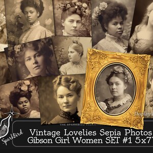 May include: A set of 10 vintage sepia-toned photographs of women in various poses. The photos are 5x7 inches and feature women with different hairstyles and clothing. The photos are arranged in a collage with a gold frame around one of the photos. The text "Vintage Lovelies Sepia Photos Gibson Girl Women SET #1 5x7" is at the bottom of the collage.