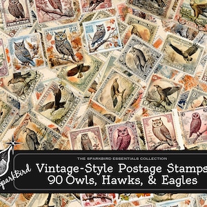 Francobolli postali stampabili in stile vintage, 90 rapaci: gufi, falchi e aquile abbelliscono i tuoi diari spazzatura, biglietti per appunti e pagine di album fai da te