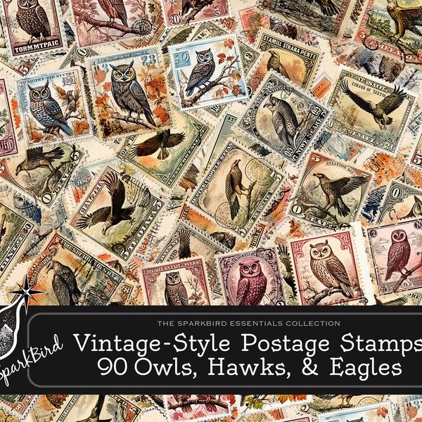 Vintage-Style Printable Postage Stamps, 90 Raptors: Owls, Hawks & Eagles embellish your Junk Journals, Note Cards and Scrapbook Pages DIY