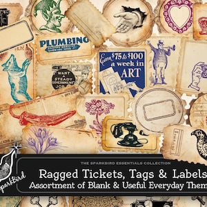 Puede incluir: Un collage de boletos, etiquetas y rótulos de estilo vintage con diversas ilustraciones y texto. Los diseños incluyen una máquina de escribir, un lobo aullando, un teléfono y un pájaro. El texto incluye "Plumbing", "Gane $75 a $100 a la semana en ART" y "Ragged Tickets, Tags & Labels".